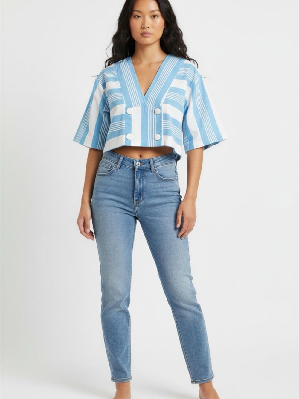 L.A. Gal Oversized Cropped V-Neck Striped Button-Front Top Size L